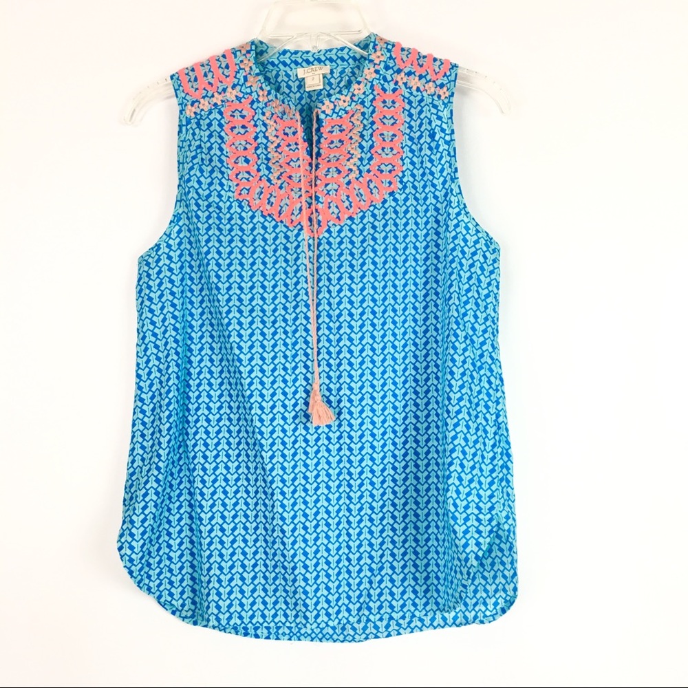 J. Crew Factory Printed Embroidered Tassel Top
